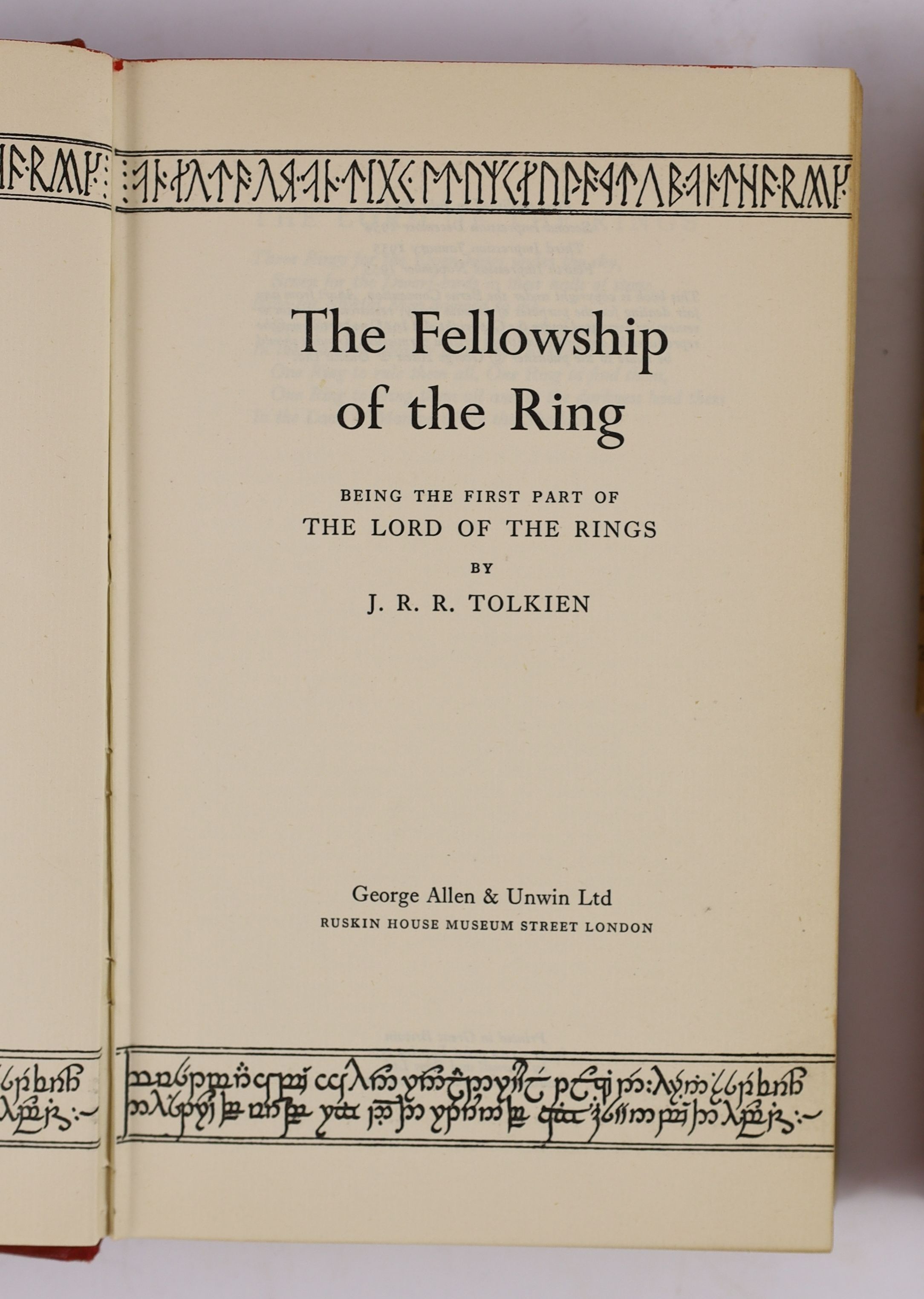 Tolkien, John Ronald Reuel - The Lord of the Rings, 4th impressions of The Fellowship of the Ring, in slightly torn and discoloured d/j, and The Two Towers, d/j torn in half and with 50% loss to spine, ownership inscript